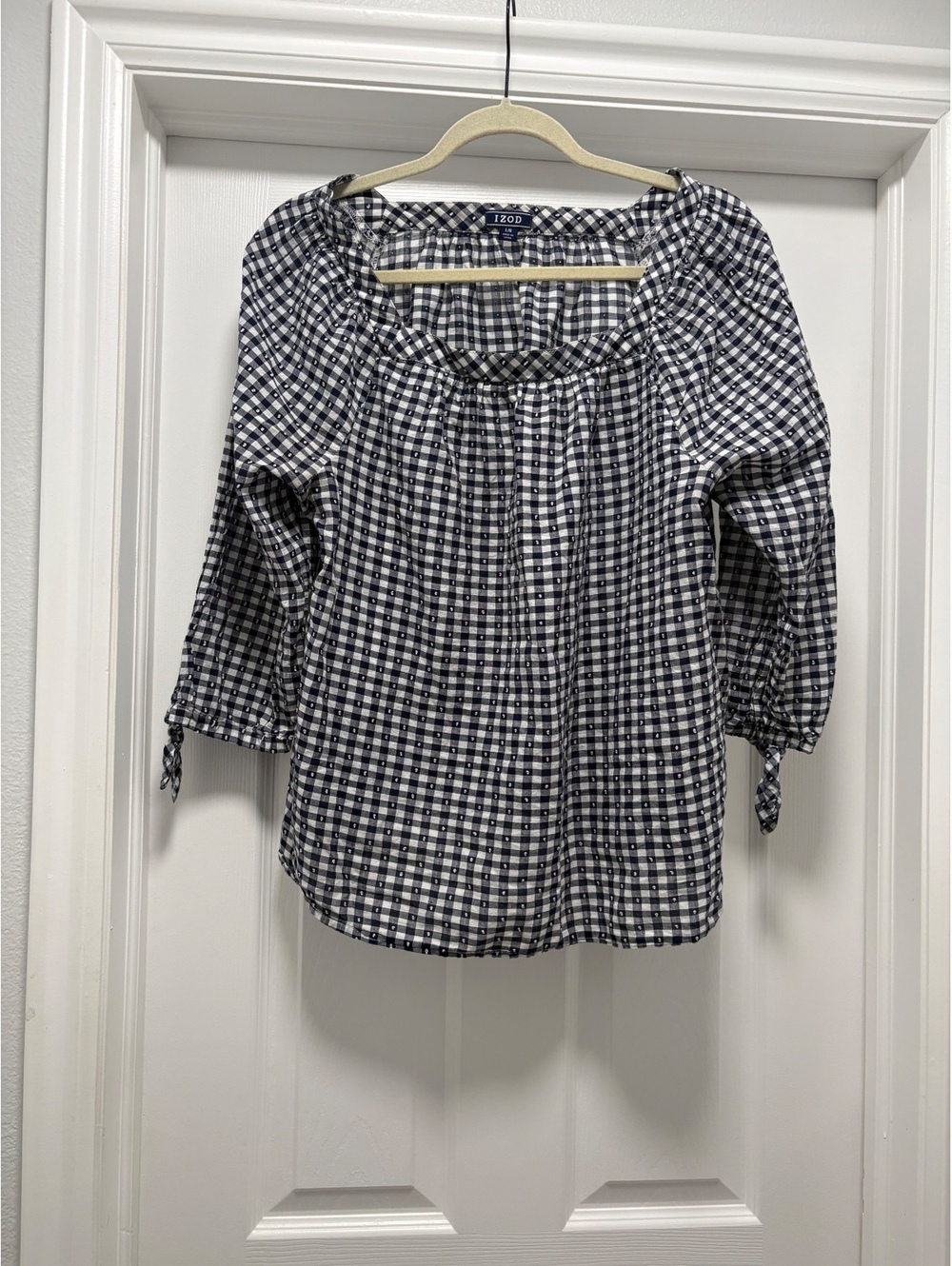 IZOD Women's Navy and White Gingham Blouse with Tie Sleeves